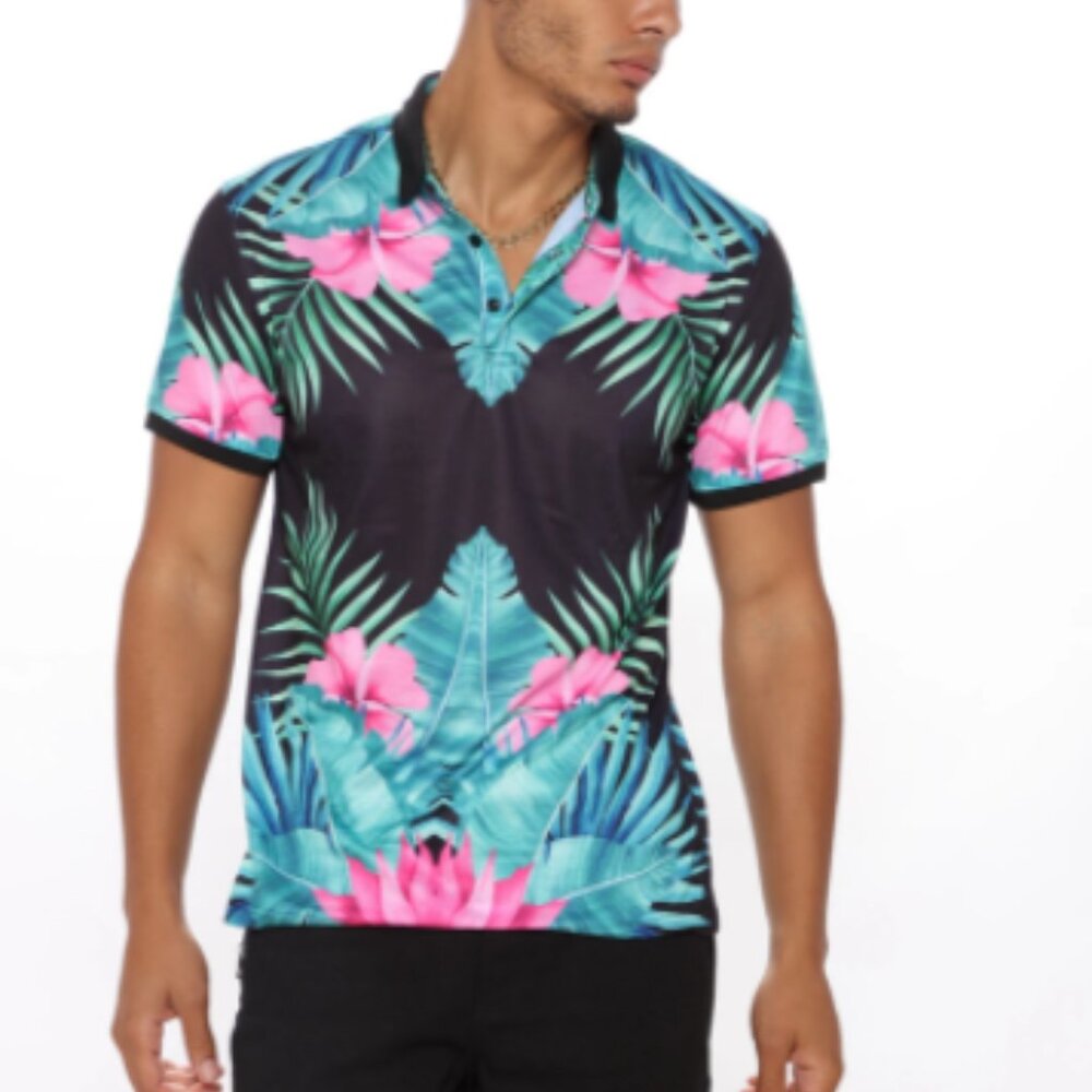 Island Of Tahiti Short Sleeve Polo - Black/Multi Color - Men's Sizes - NWT
